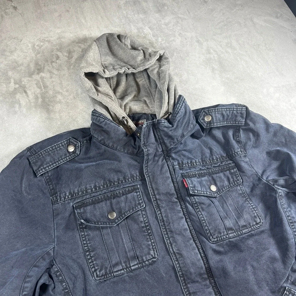 Levis Black Trucker Military Utility‎ Jacket Quilted Lined Zip Hood Large